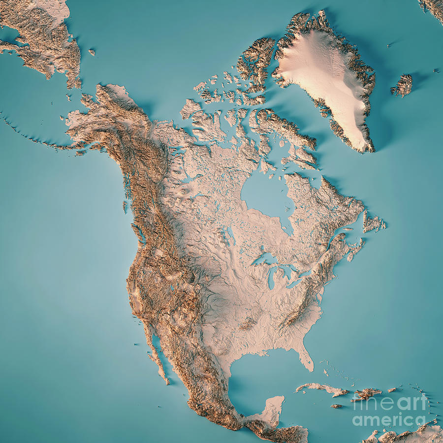 North America Topographic Map 3D Render Neutral Digital Art by Frank ...