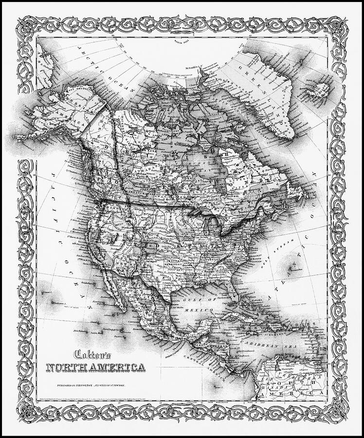 North America Vintage Antique Map 1855 Black and White Photograph by