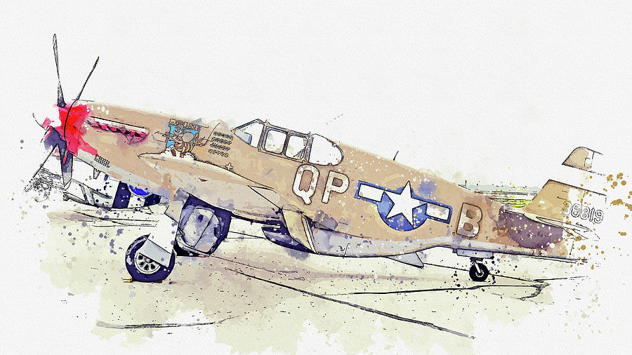 North American P-C Mustang C USAAF  Boise Bee Vintage Aircraft - Classic War Birds - Planes watercol Painting by Celestial Images