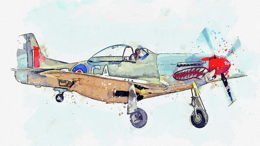 North American P D Mustang Shark G-SHWN KH Vintage Aircraft - Classic War Birds - Planes watercolor  Painting by Celestial Images