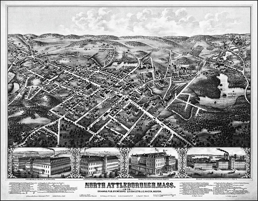 North Attleborough Massachusetts Vintage Map Birds Eye View 1878 Black ...