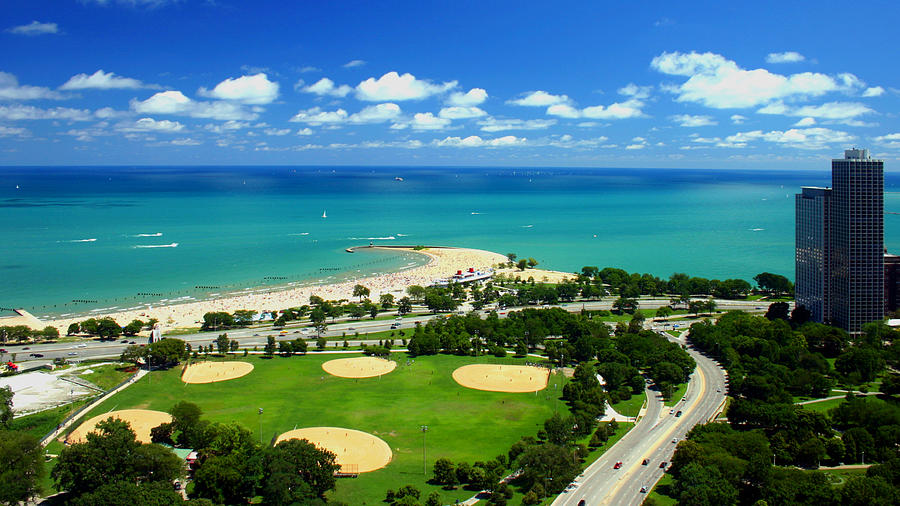 North Avenue Beach Lakefront Lincoln Park Baseball Fields Aerial Photograph by Patrick Malon