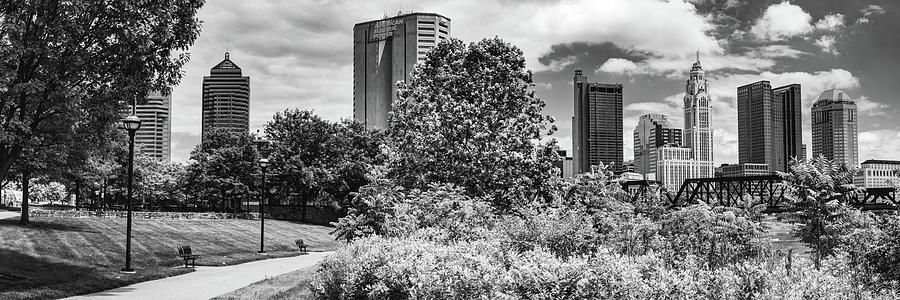 North Bank Park Panoramic Skyline View of Downtown Columbus - Black and White Photograph by Gregory Ballos