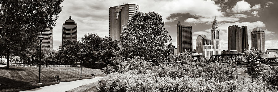 North Bank Park Panoramic Skyline View of Downtown Columbus - Sepia Edition Photograph by Gregory Ballos