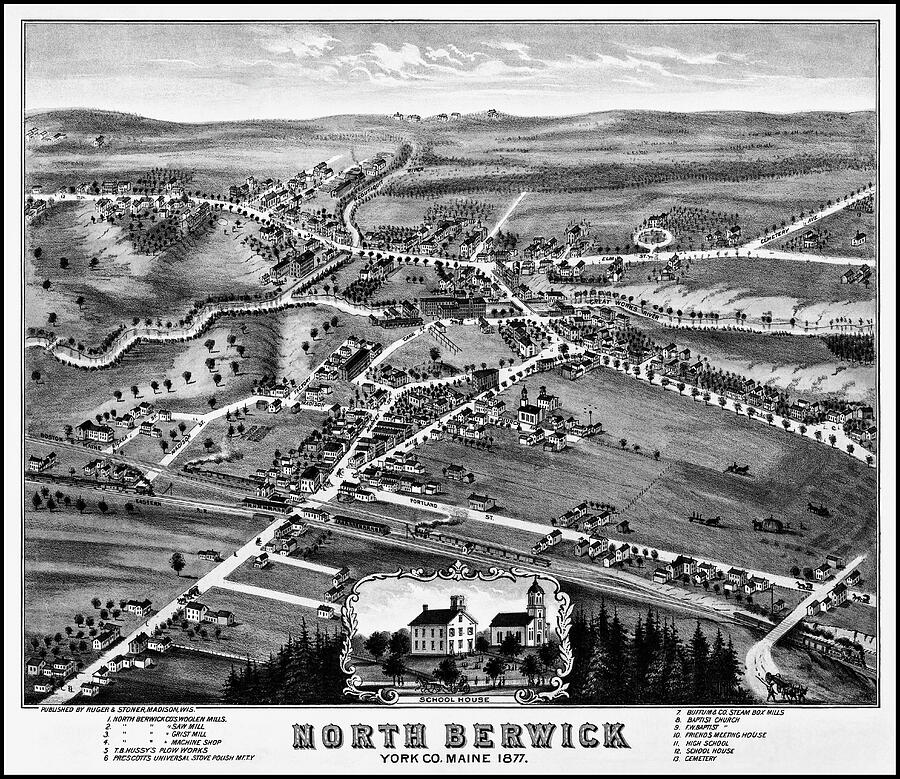 North Berwick Maine Vintage Map Birds Eye View 1877 Black and White ...