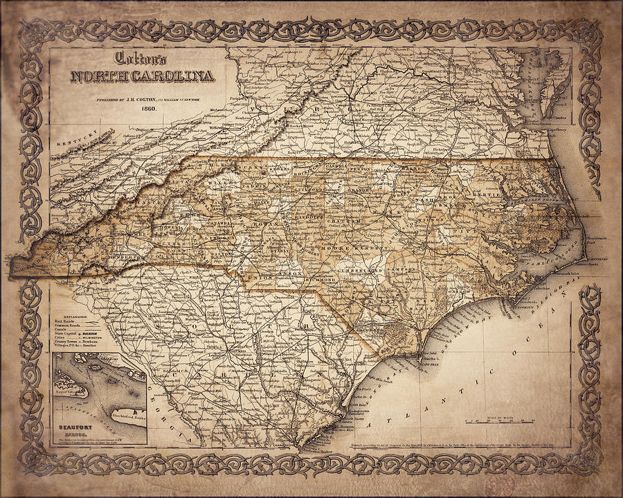 Vintage Photograph - North Carolina Antique Map 1860 Sepia  by Carol Japp