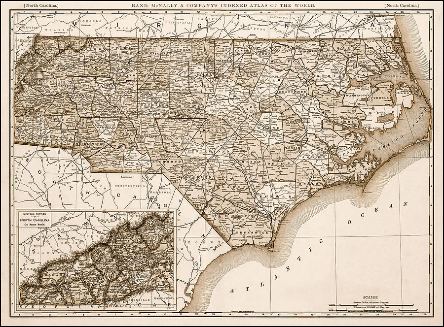 Vintage Photograph - North Carolina Vintage Map 1892 Sepia  by Carol Japp