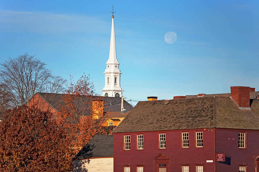 North Church and Full Moon Photograph by Eric Gendron