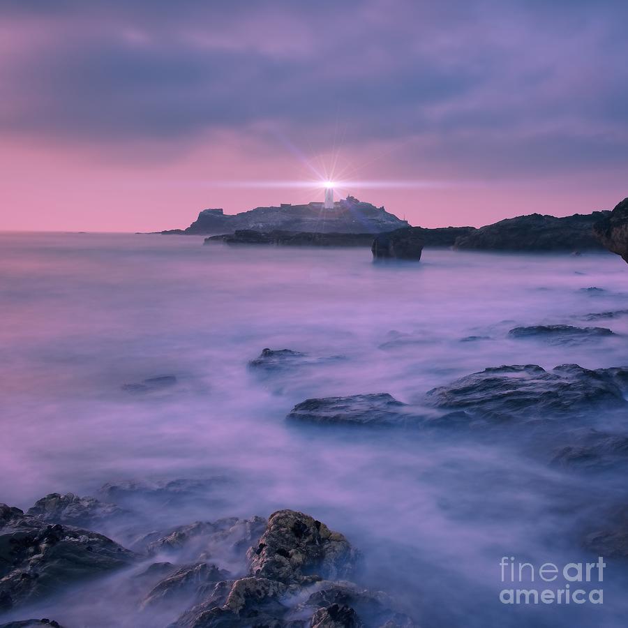 North Cornwall Coastline Sunset - Godrevy Lighthouse Photograph by Philip Preston