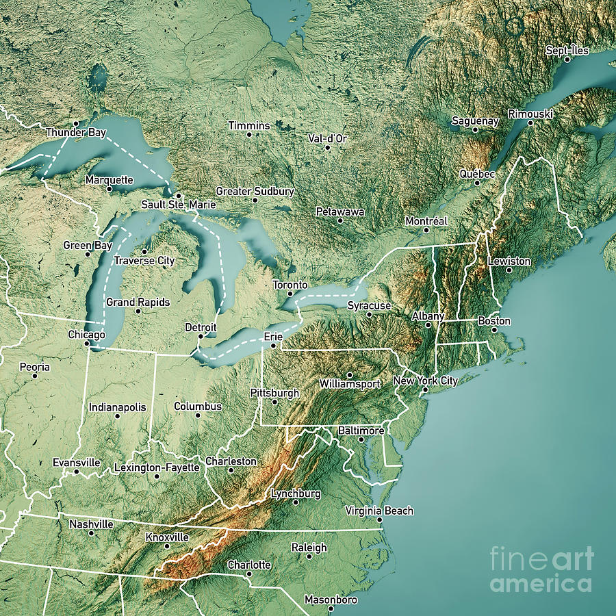 North East Region Usa 3d Render Topographic Map Color Border Cit Digital Art By Frank Ramspott 4582