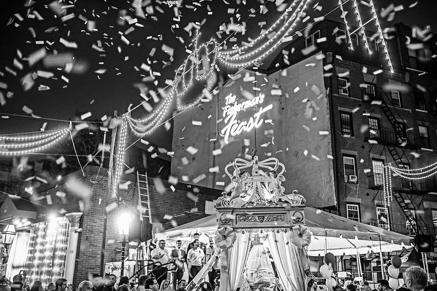 North End Boston Fishermans Feast Confetti North Street Boston Massachusetts Black and White Photograph by Toby McGuire