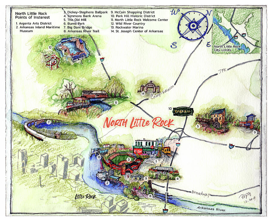 North Little Rock Landmark Map Drawing by Y Illustrations