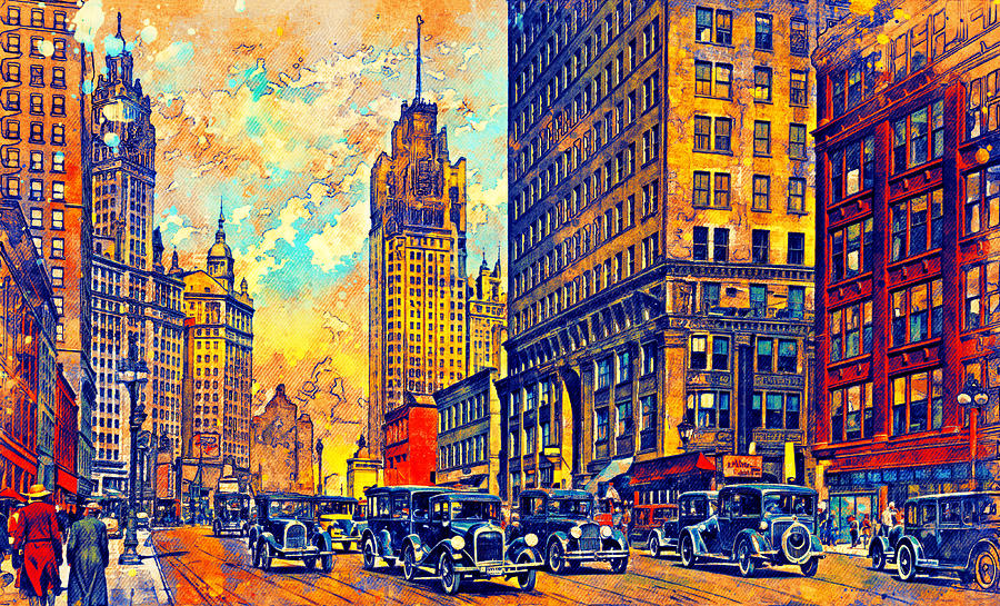 North Michigan Boulevard in Chicago in the 1920s - digital painting Digital Art by Nicko Prints