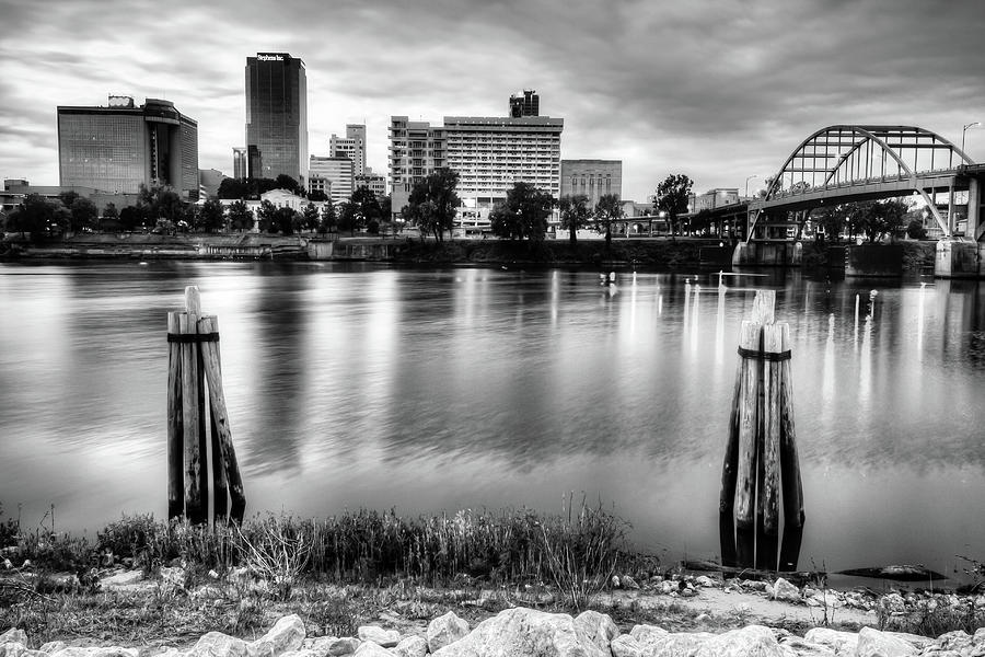 North Shore View Of Downtown Little Rock Arkansas Skyline - Black And White Photograph