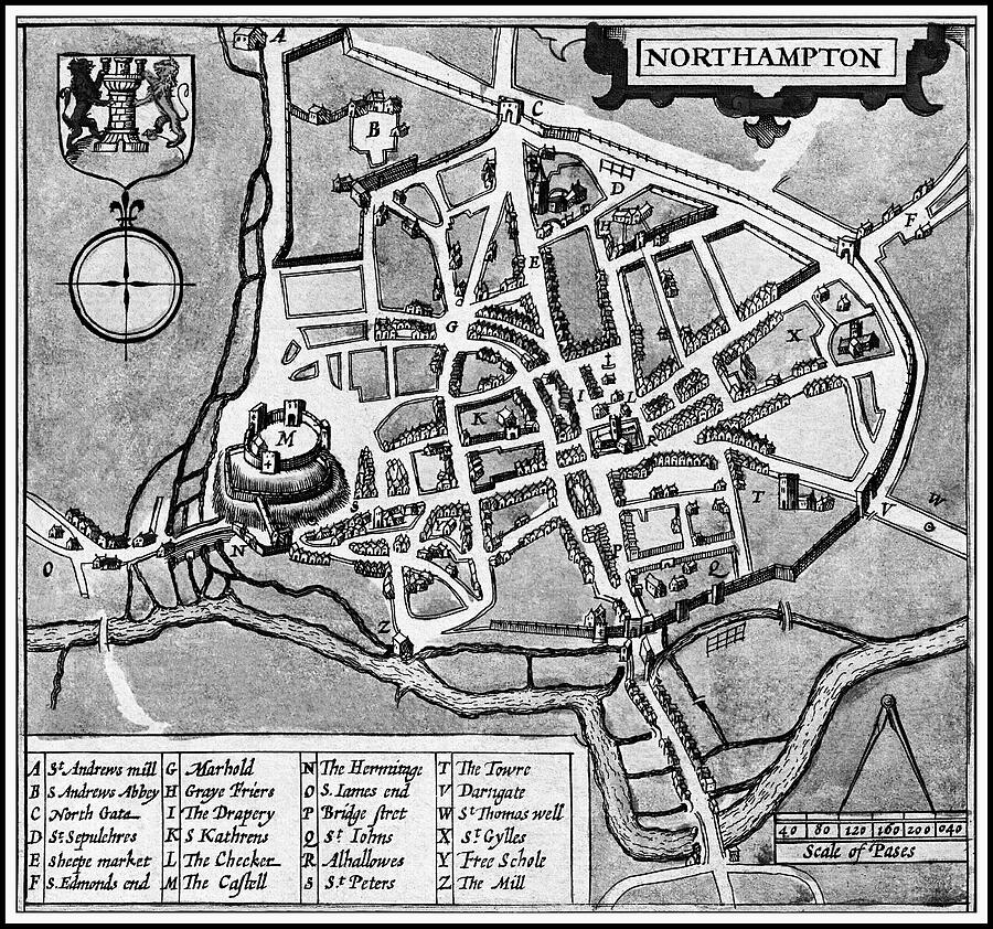 Northampton England Antique Vintage Map 1610 Black and White Photograph ...