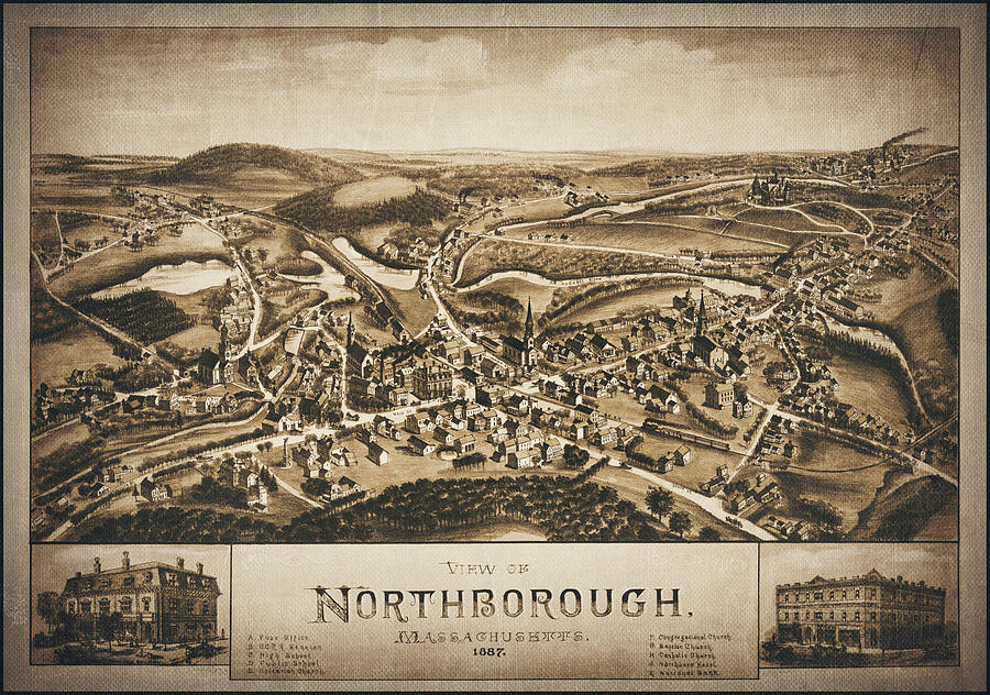 Northborough Massachusetts Vintage Map Birds Eye View 1887 Sepia Photograph by Carol Japp Fine