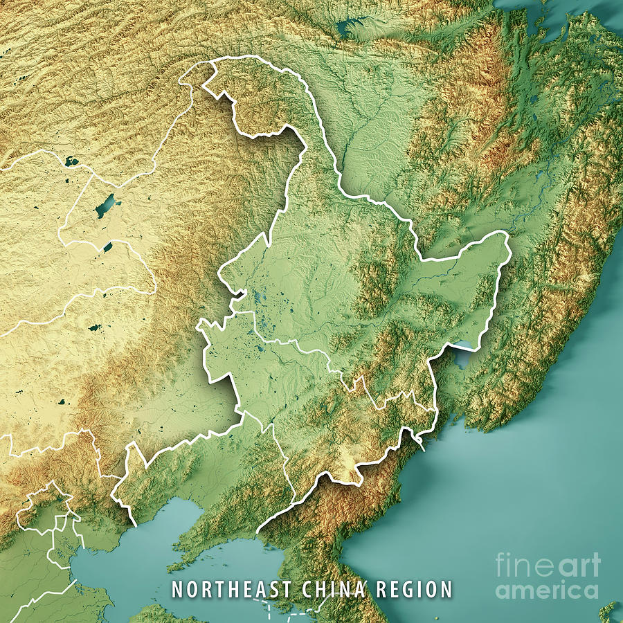 Northeast China Region 3d Render Topographic Map Color Border Digital Art By Frank Ramspott 3669