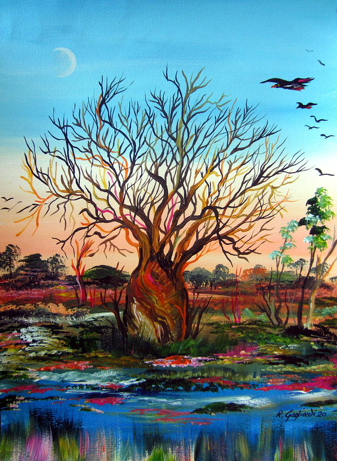 Norther Territory Bottle Tree and Black Parrots Australia Outback Painting by Roberto Gagliardi