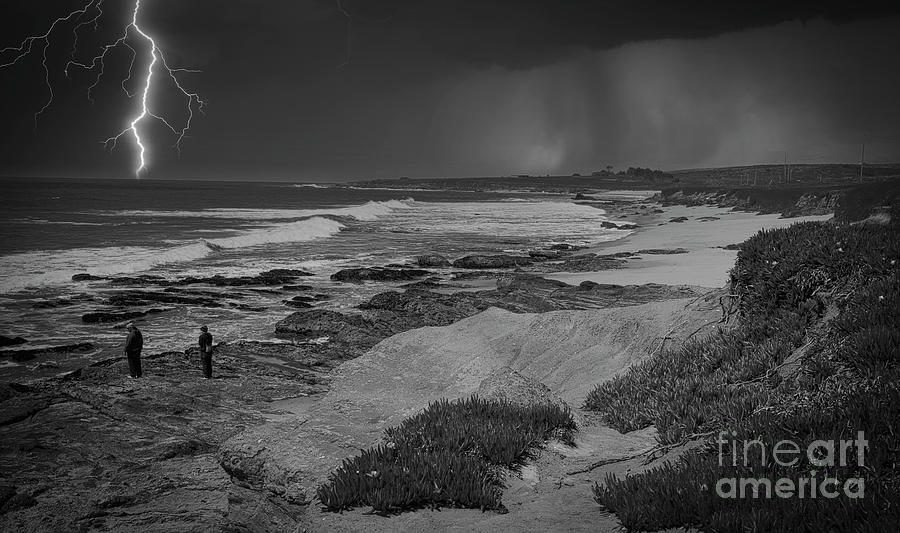 Northern California Coastline Thunder Lightning Black White Landscape  Photograph by Chuck Kuhn