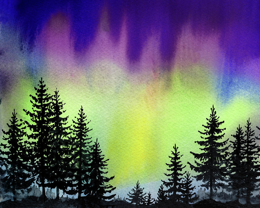Northern Forest Lights Aurora Borealis Watercolor   Painting by Irina Sztukowski