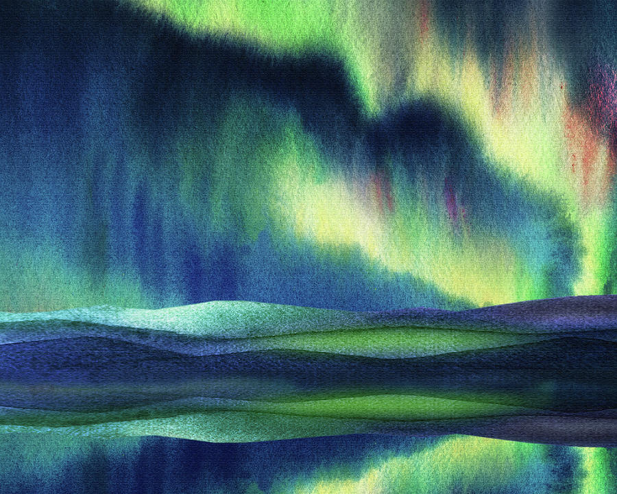 Northern Lake With Aurora Borealis Reflections Painting II Painting by Irina Sztukowski