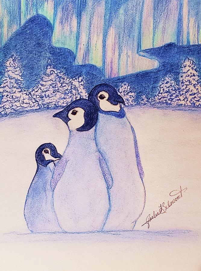 Northern Light Penguins Drawing by Julie Belmont
