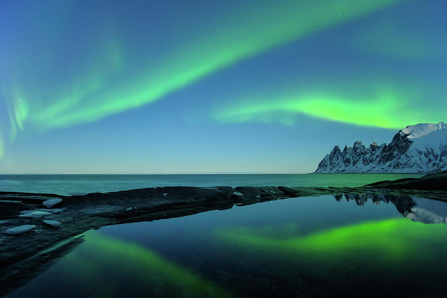 Northern Lights Aurora Borealis Devil Teeth Mountains In The Background Tungeneset Senja Norway Photograph By Martin Schneiter