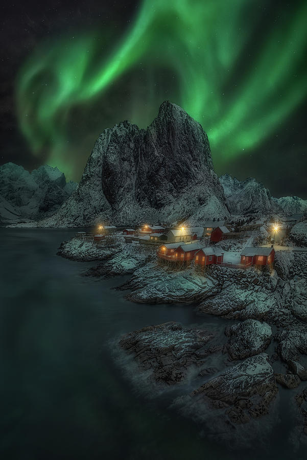 Northern Lights Dancing Over Hamnoy Photograph by Celia Zhen