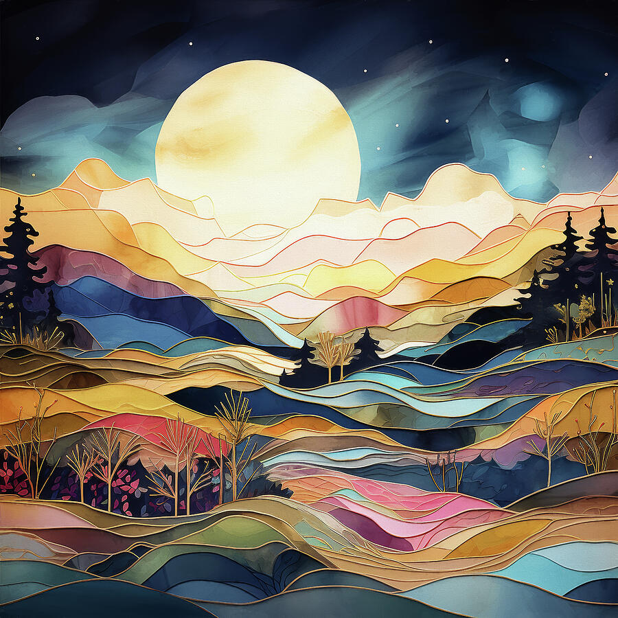Mountain Digital Art - Northern Lights Full Moon by Peggy Collins