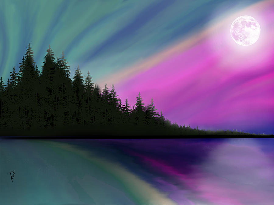 Northern Lights Lake Reflection Digital Art by Penny FireHorse