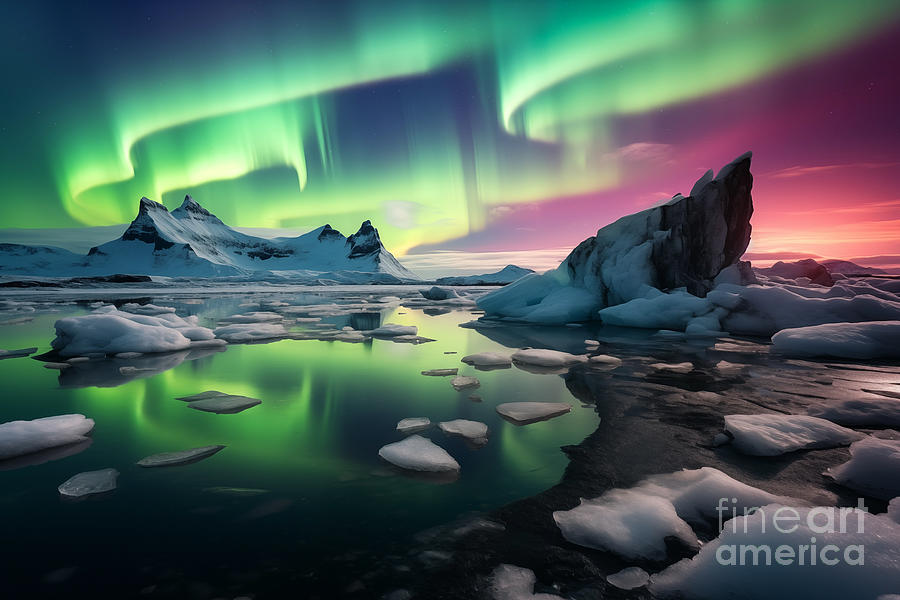 Northern lights on icelandic glacier lagoon Photograph by Delphimages Photo Creations