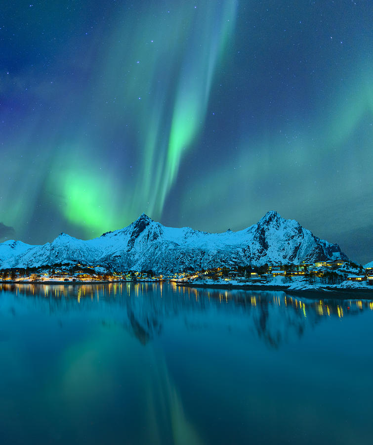 Northern Lights or Aurora Borealis in the night sky over the town of Svolvaer in the Lofoten Photograph by Sjo