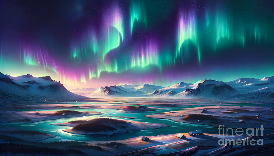 Aurora Digital Art - Northern Lights over Iceland, The Aurora Borealis dancing over an Icelandic landscape by Jeff Creation