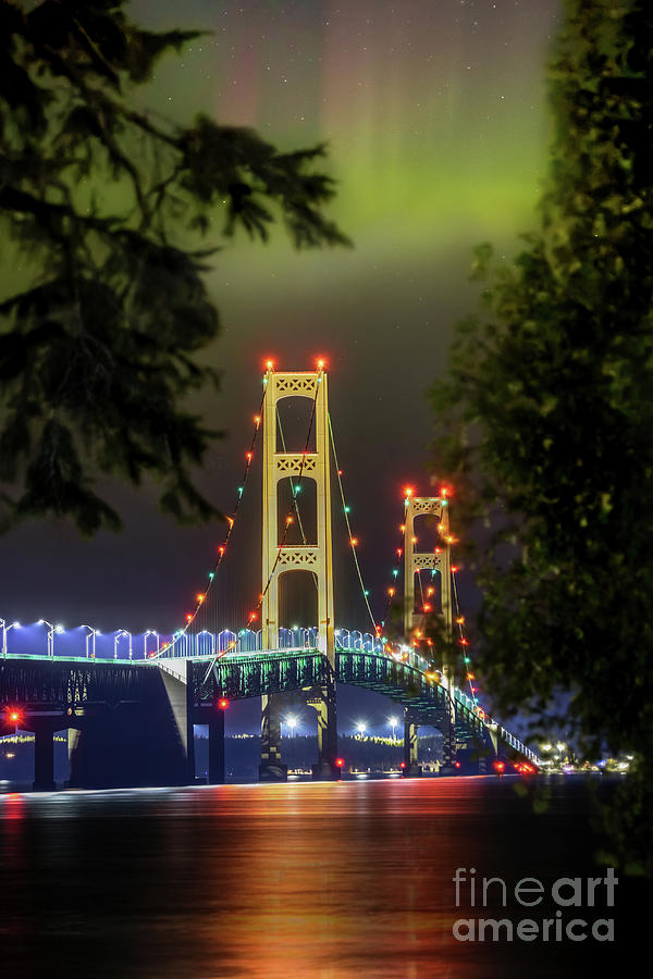 Bridge Photograph - Northern Lights Over Mackinac Bridge -5455 by Norris Seward