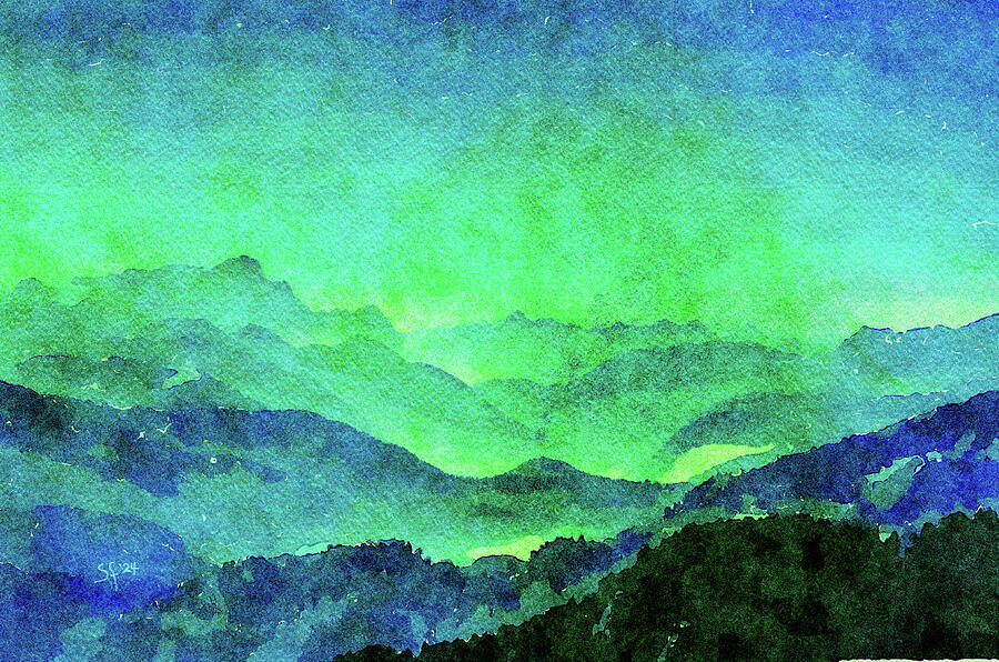 Northern Lights Over Mountains Watercolor Landscape  Mixed Media by Shelli Fitzpatrick