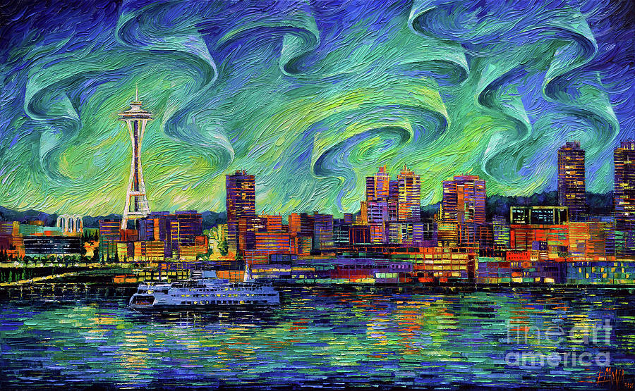 NORTHERN LIGHTS OVER SEATTLE palette knife oil painting Mona Edulesco Painting by Mona Edulesco