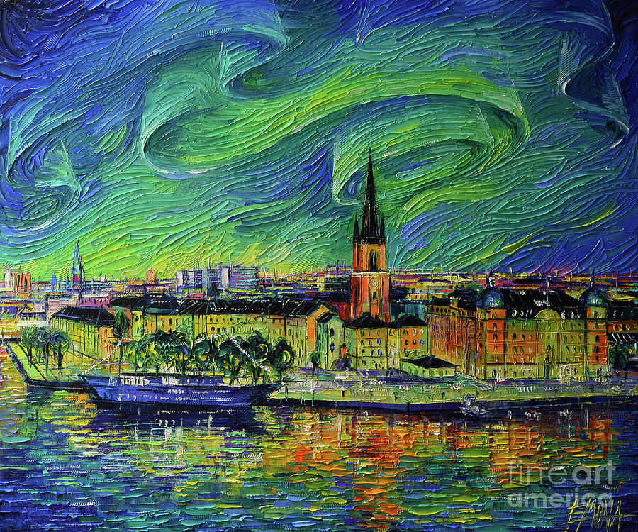 NORTHERN LIGHTS OVER STOCKHOLM palette knife oil painting Mona Edulesco Painting by Mona Edulesco