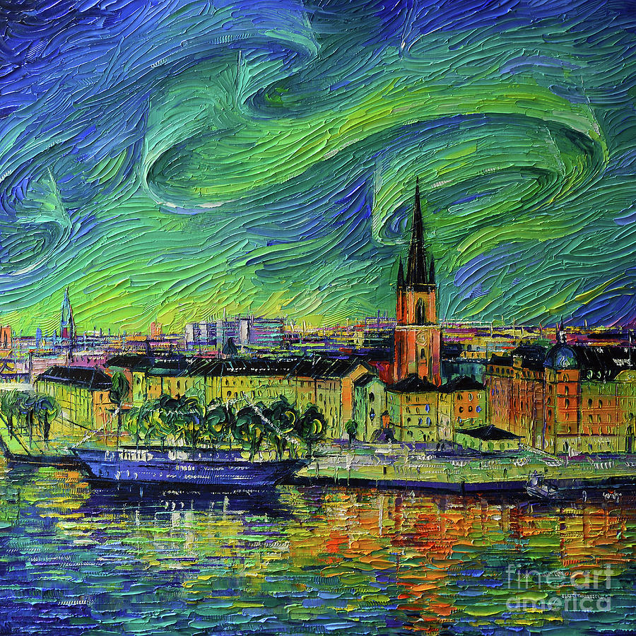 NORTHERN LIGHTS OVER STOCKHOLM square detail palette knife oil painting Mona Edulesco Painting by Mona Edulesco
