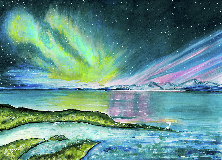Northern Lights Reflection Painting by Shawna Rowe