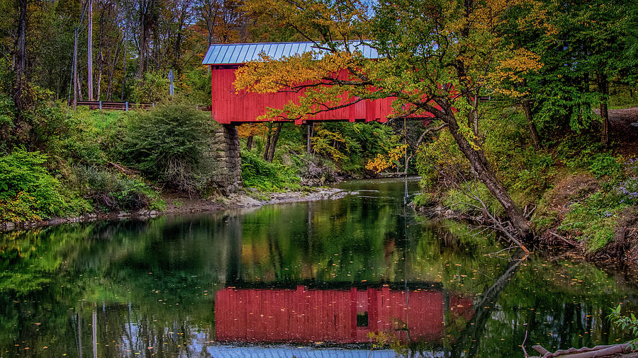 Northfield Falls Covered Bridge in Autumn Colors Photograph by Jeff Folger