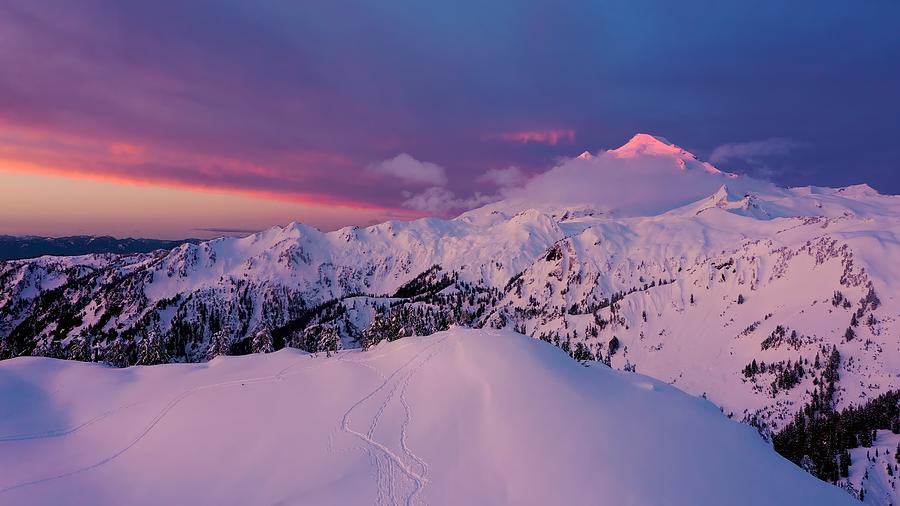 Northwest Aerial Photography Mount Baker Sunrise Alpenglow Photograph by Mike Reid