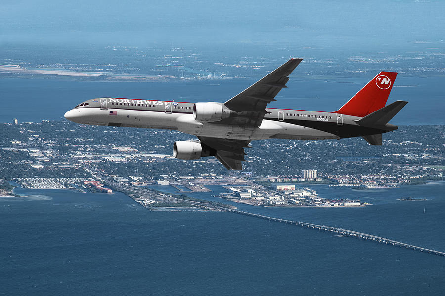 Northwest Airlines Boeing 757 over Tampa Bay Mixed Media by Erik Simonsen