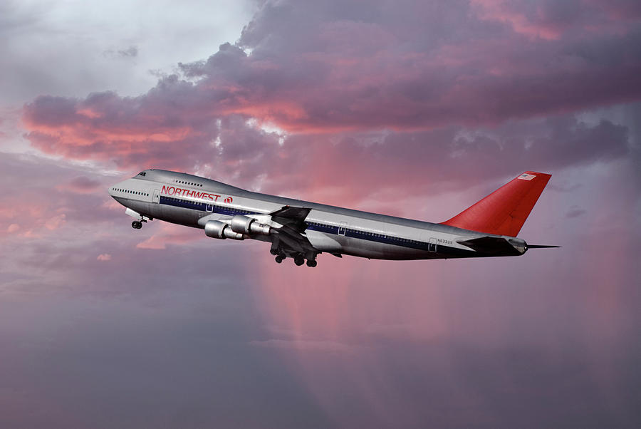 Northwest Boeing 747 at Sunset Mixed Media by Erik Simonsen