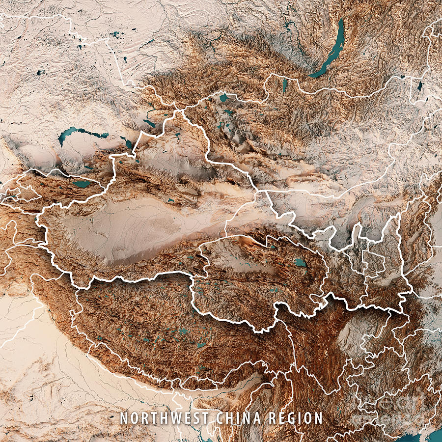 Northwest China Region 3d Render Topographic Map Neutral Border Digital Art By Frank Ramspott 8861