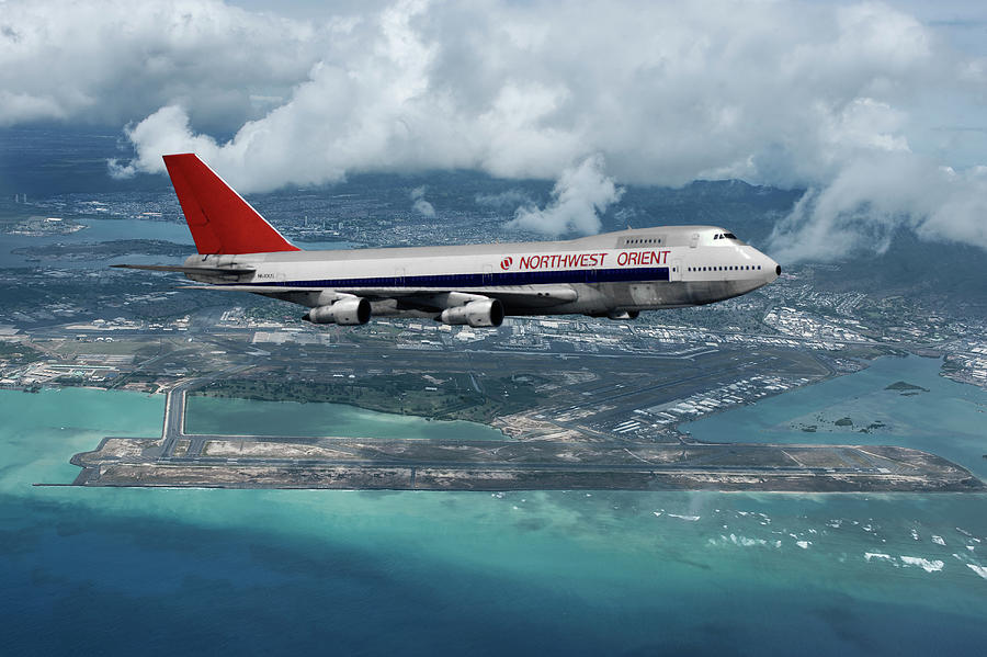 Northwest Orient Airlines Boeing 747 Over Honolulu International Airport  Mixed Media by Erik Simonsen