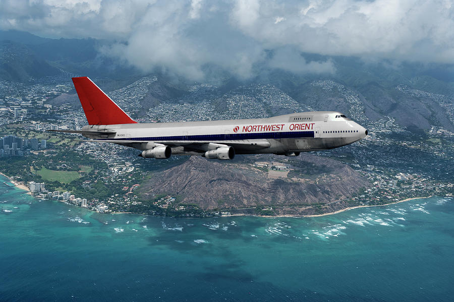 Northwest Orient Airlines Boeing 747 Over Hawaii Mixed Media by Erik Simonsen
