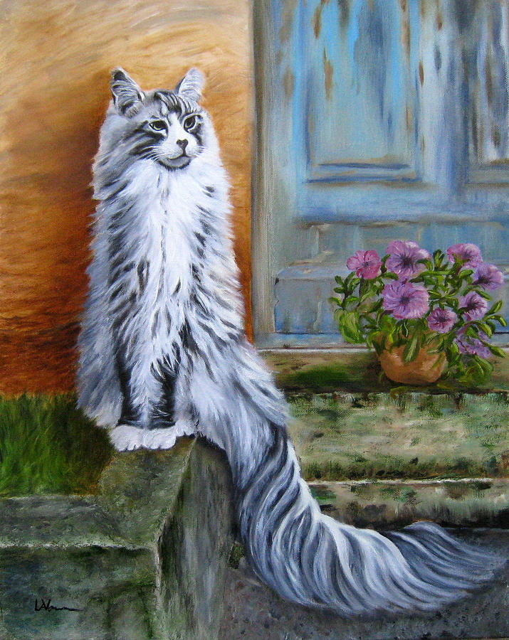 Flower Painting - Norwegian Forest Kitty by LaVonne Hand
