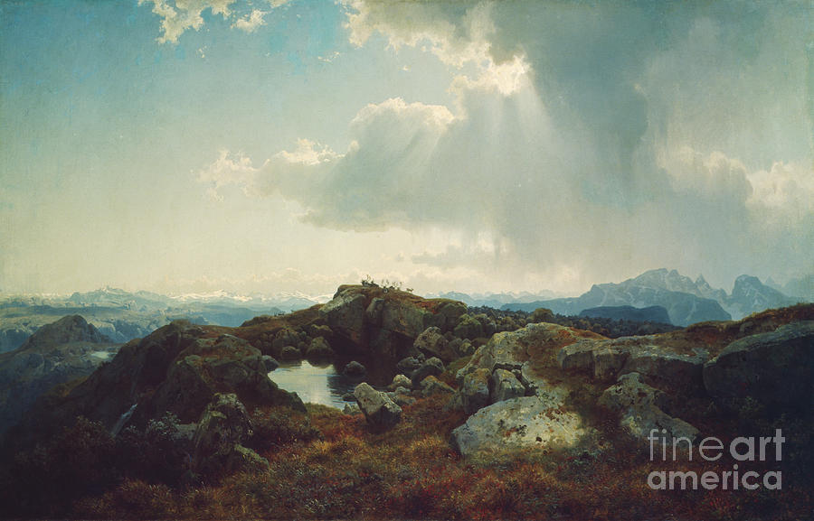 Norwegian mountain landscape with a upcoming storm, 1848 Painting by O Vaering by Hans Gude
