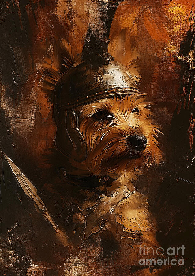 Dog Painting - Norwich Terrier - equipped as a Roman household guardian, small but fierce by Adrien Efren