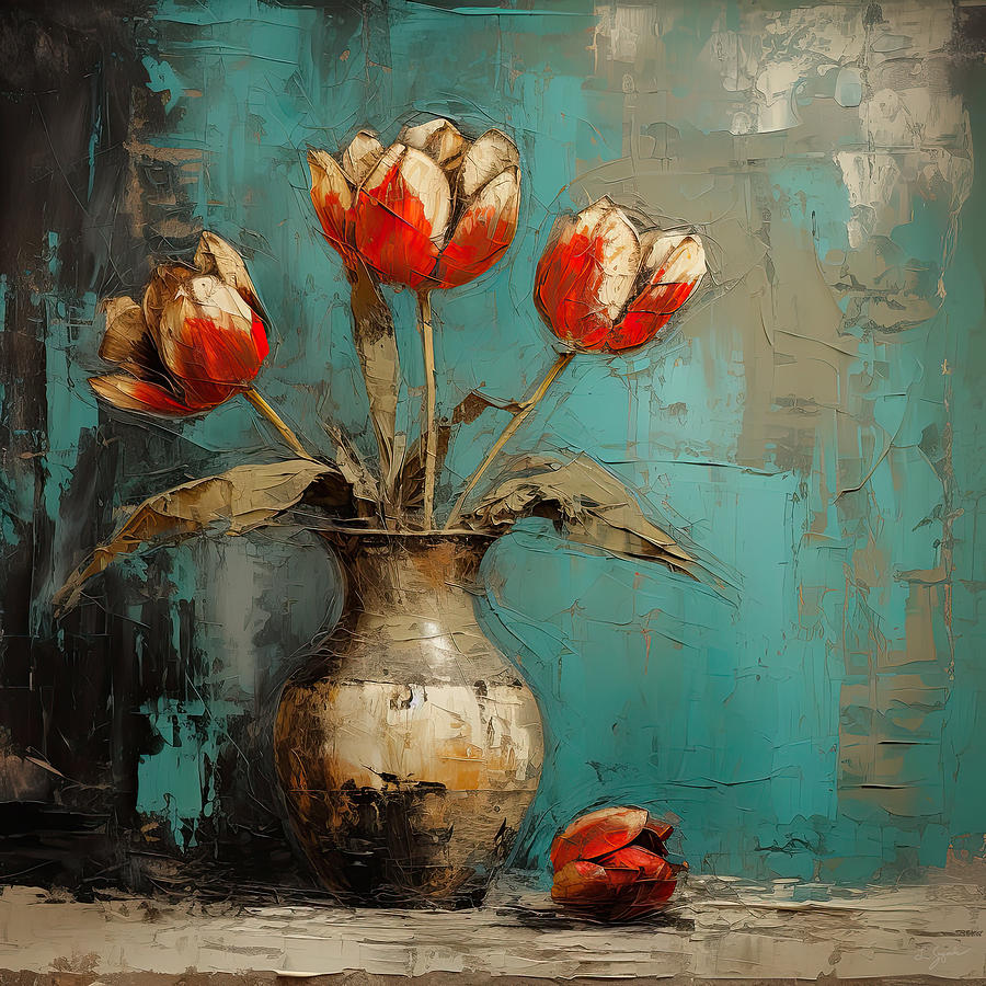 Nostalgic Nature- Turquoise and Gray  Painting by Lourry Legarde